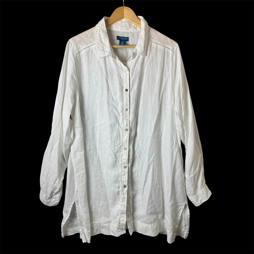 Antibes Blanc 100% Linen Tunic Womens XL White Lagenlook Summer Long Sleeve Boho